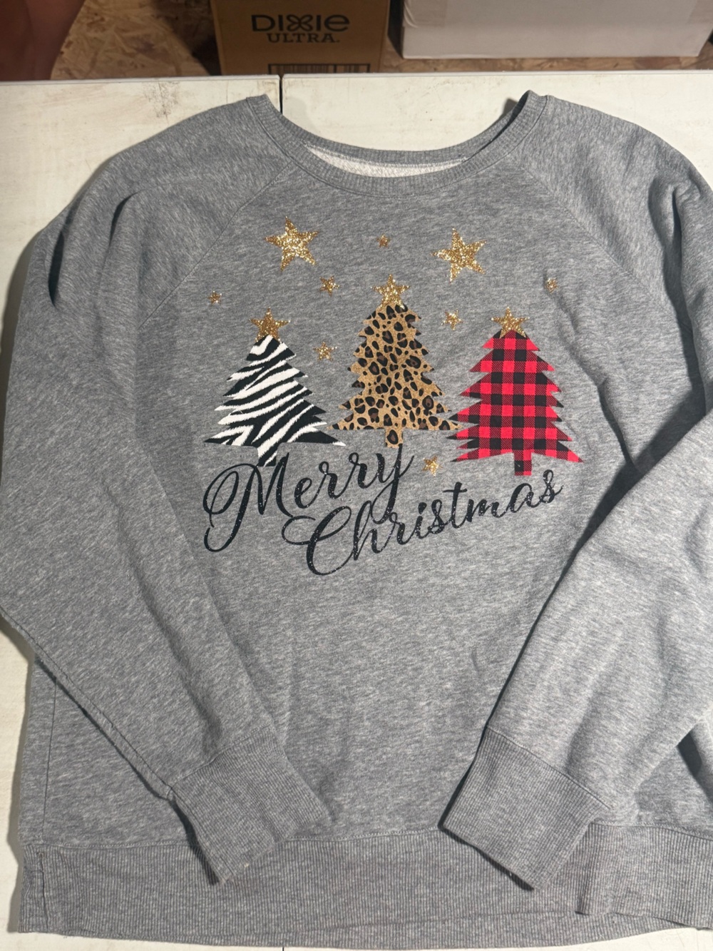 Women's Grey 'Merry Christmas' Graphic Sweatshirt with Patterned Trees